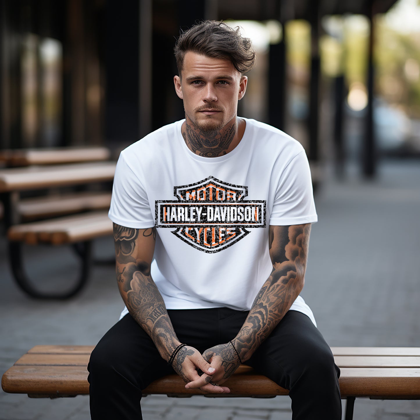 Distressed Orange, Black & White HD Motorcycle (DTF) 3307