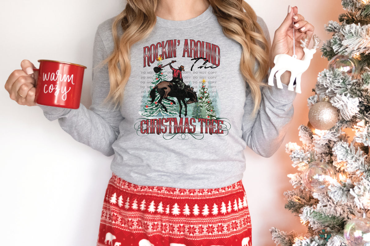 Rockin Around the Christmas Tree Buckin Cowboy DTF Transfer 12-410