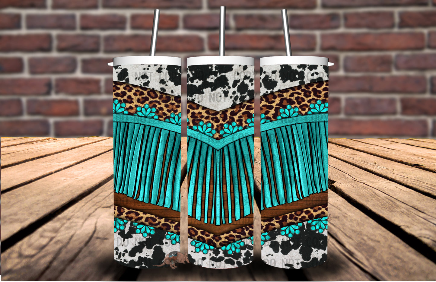 Western Cowhide Leopard Turquoise Fringed Tumbler #5130T
