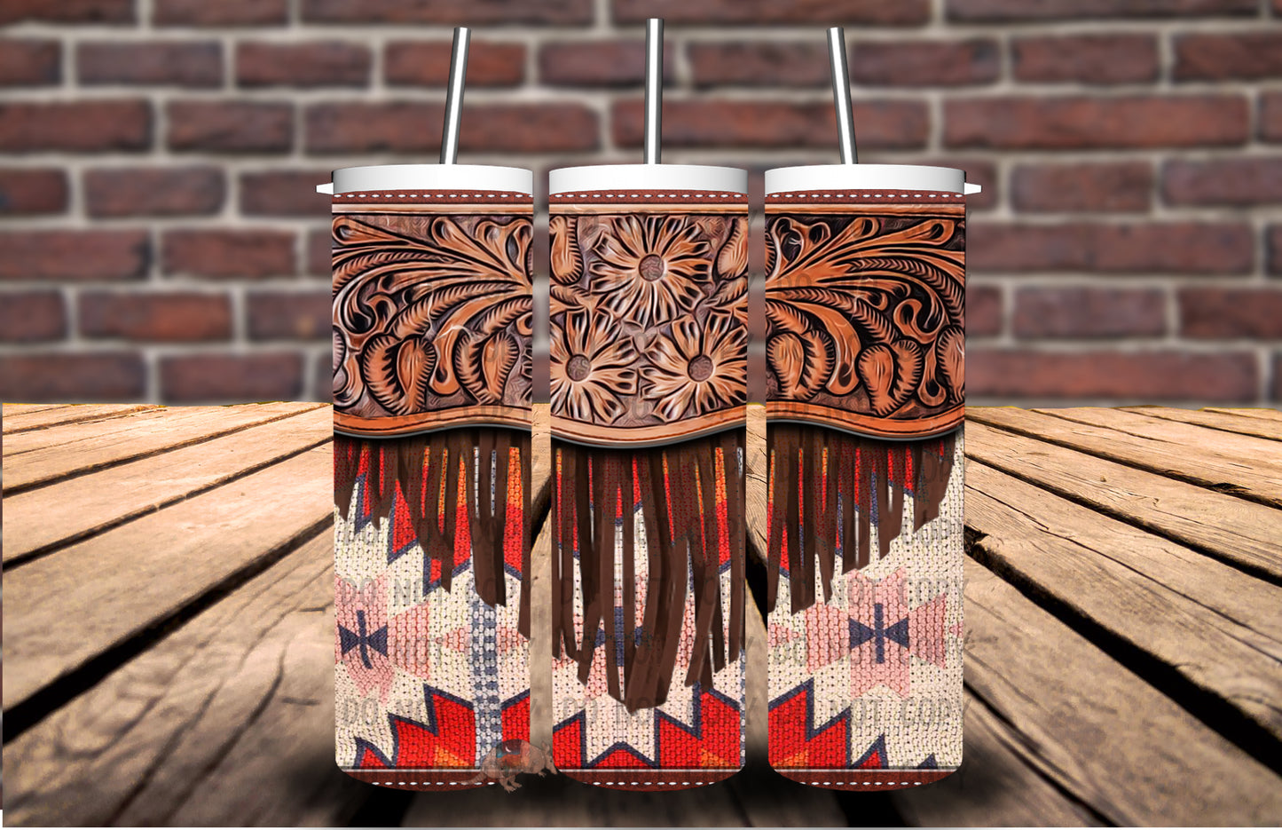 Red Aztec Tooled Leather Fringe Tumbler #5152T