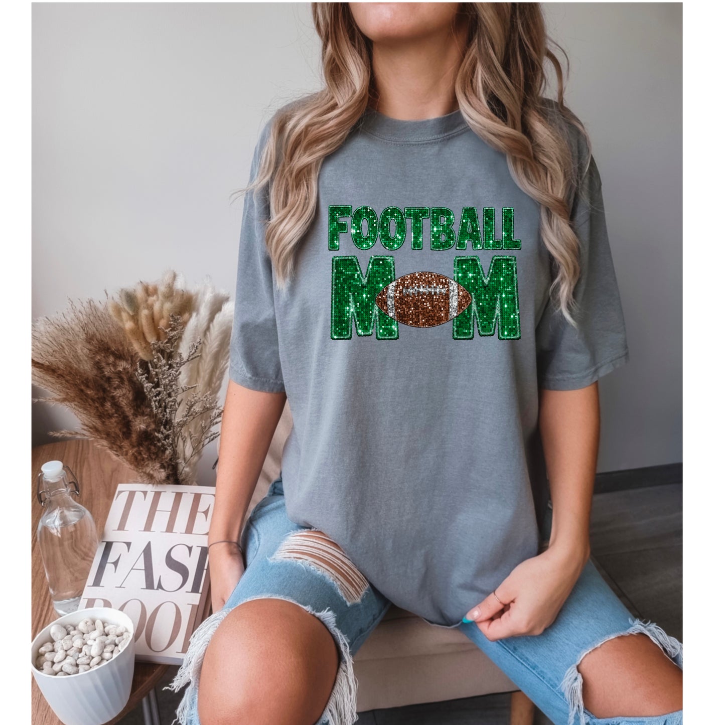 GREEN FOOTBALL MOM FAUX SEQUIN DTF 84ED