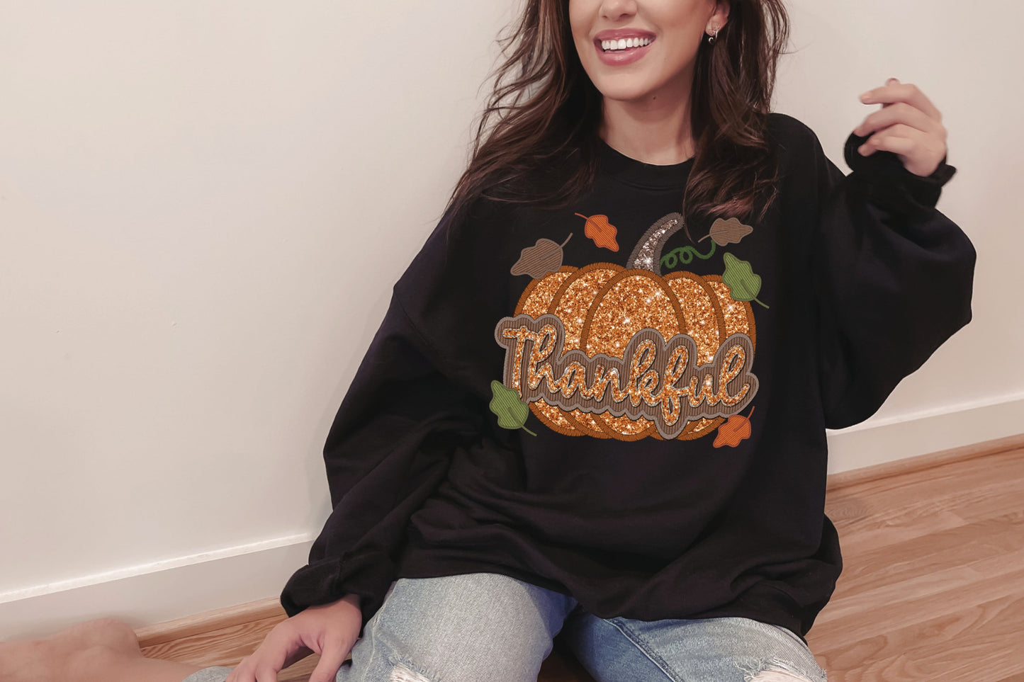 THANKFUL PUMPKIN-FAUX SEQUIN/EMBROIDERY (EFFECT) DTF 10-250