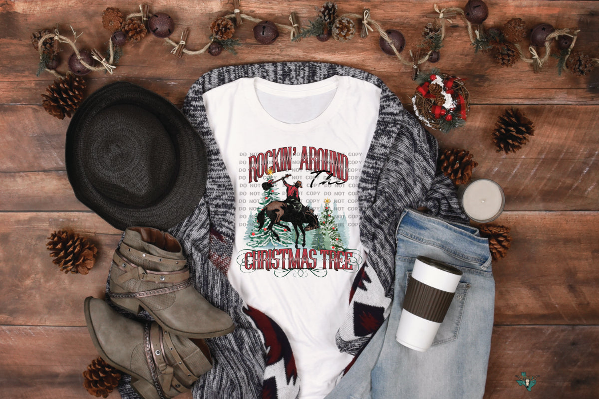 Rockin Around the Christmas Tree Buckin Cowboy DTF Transfer 12-410