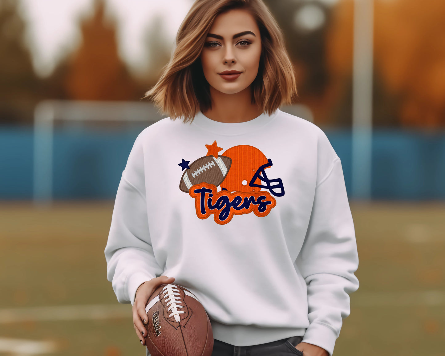 TIGERS-ORANGE FOOTBALL FAUX SEQUIN EMBROIDERY (EFFECT) (DTF) 3454