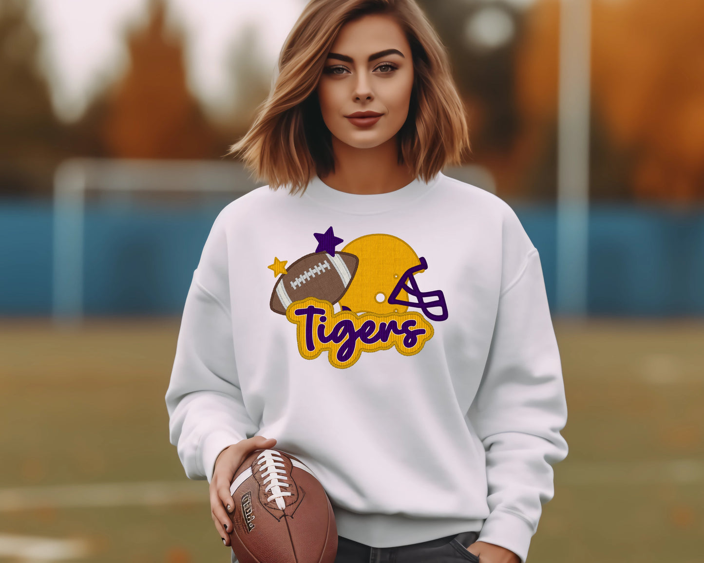 TIGERS-YELLOW PURPLE FOOTBALL FAUX SEQUIN EMBROIDERY (EFFECT) (DTF) 3455