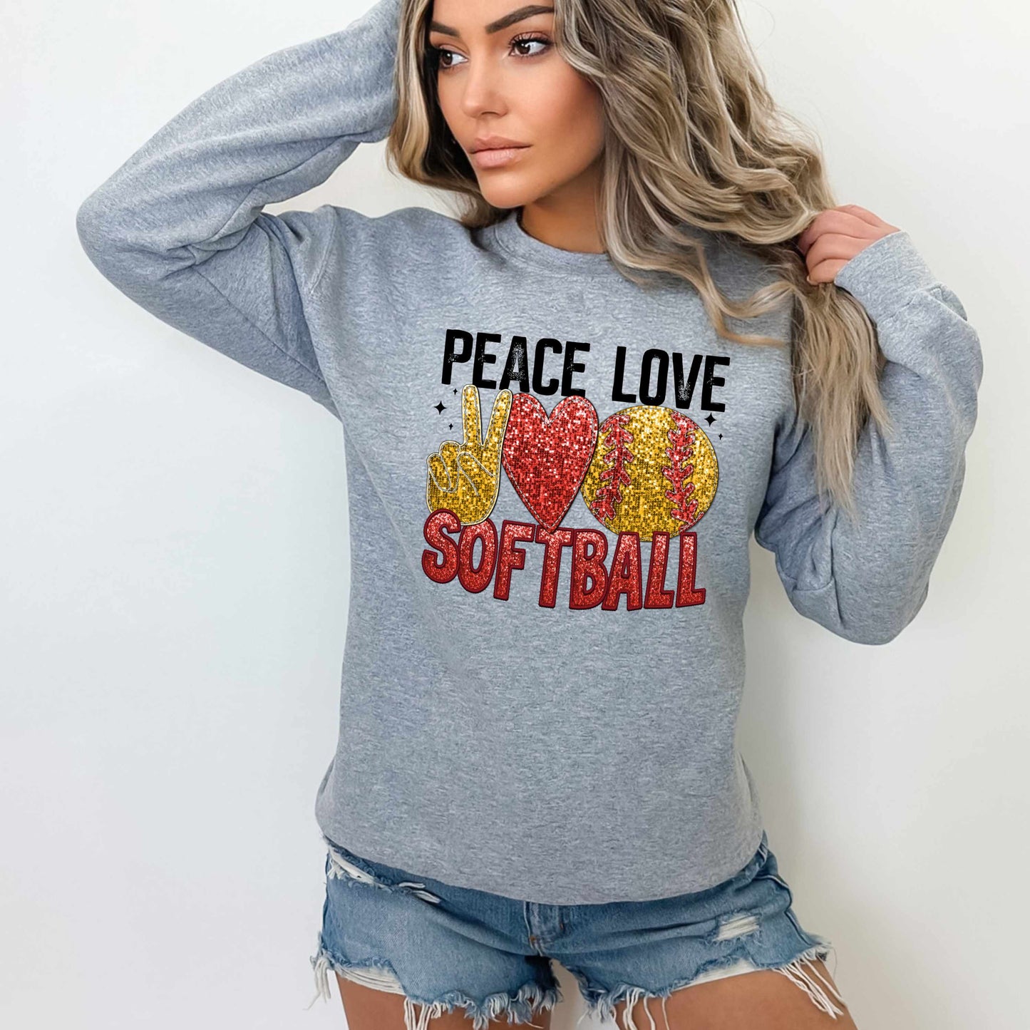 PEACE LOVE SOFTBALL-FAUX SEQUIN EFFECT (DTF) 3487