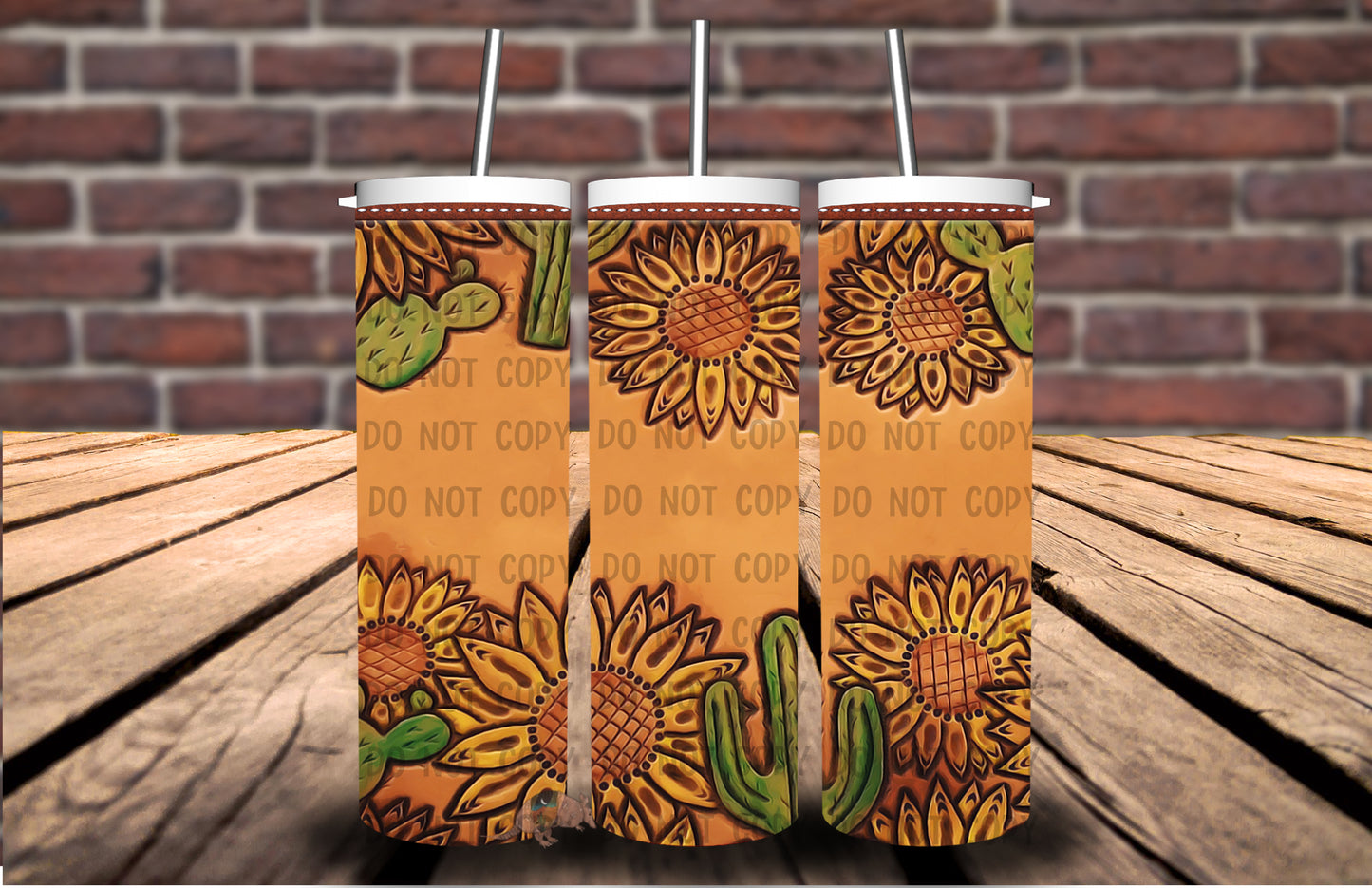 Sunflower and Cactus Tooled Leather Tumbler #5149T
