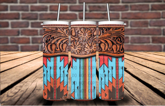 Blue and Red Aztec and Tooled Leather Tumbler #5157T