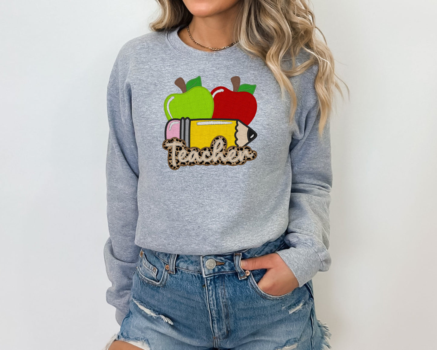 TEACHER-APPLE AND PENCIL-FAUX EMBROIDERY (DTF) 6147